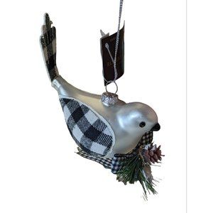 Robert Stanley Silver Bird Buffalo Check Blown Glass Christmas Ornament
